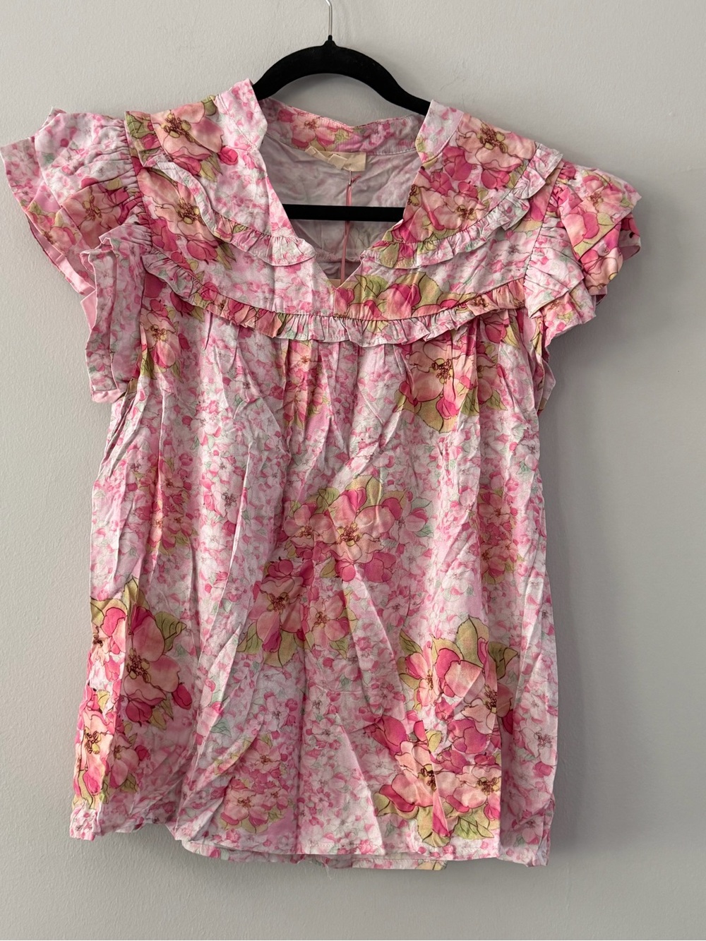 Entro Pink Floral Ruffle Yoke Blouse